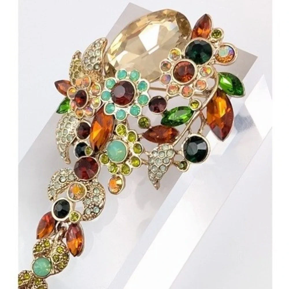 Botanical Rhinestone Brooch Pendant‎ Gold Tone Large Floral Garden Fairy Spring